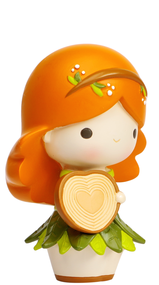 Kindness Momiji doll with orange hair, a green leaf dress, and holding a heart-shaped tree ring. Secret message inside. — Momiji doll