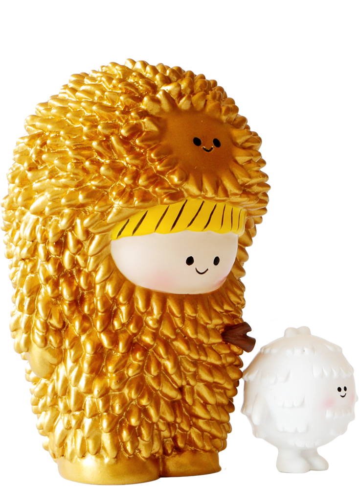 Golden Treeson Momiji doll, a gold kawaii figure in a furry suit, stands with a small, smiling white fluffy friend. — Momiji doll
