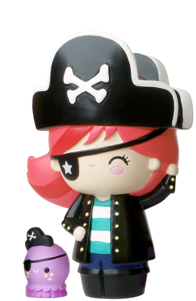 Romilly & Walter Momiji doll: red-haired pirate girl with eyepatch and purple octopus, kawaii collectible with secret message. — Momiji doll
