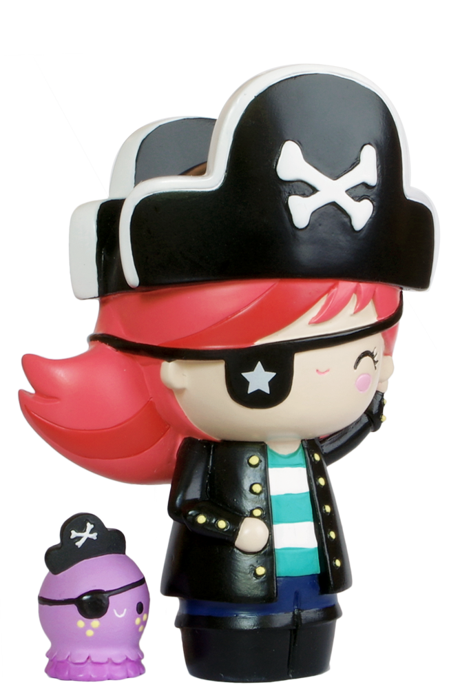 Romilly & Walter Momiji doll: pirate girl with pink hair and eyepatch, next to a purple octopus in pirate hat. — Momiji doll
