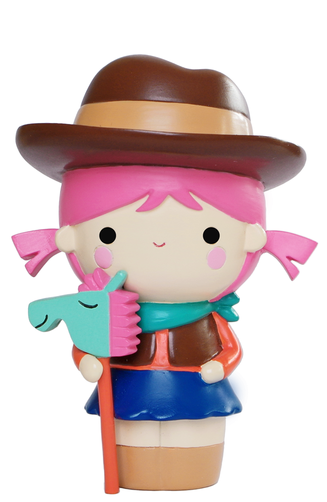 Yeehaa Momiji doll with pink hair, cowboy hat, and stick horse; cute vinyl collectible hiding a secret message inside. — Momiji doll