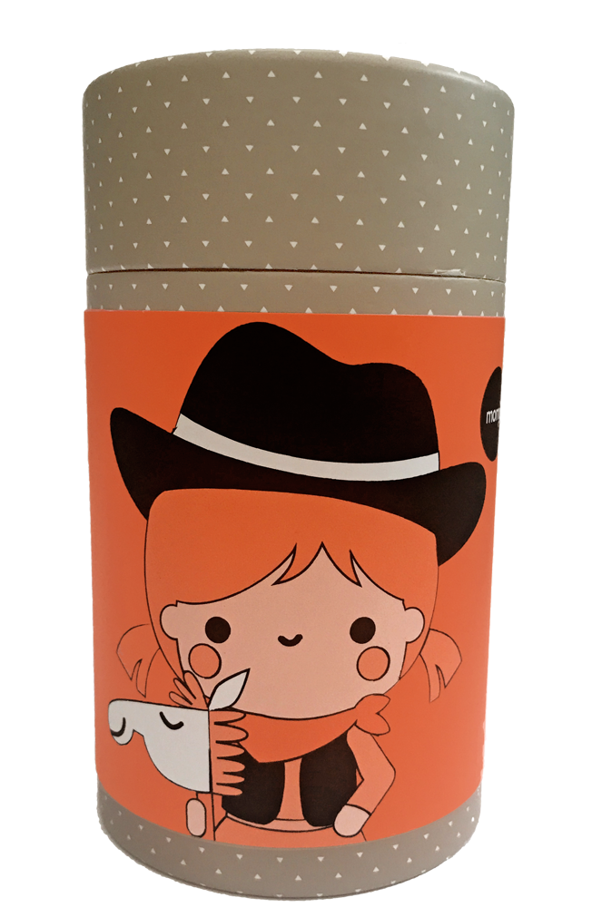 Yeehaa Momiji doll features a kawaii cowgirl and toy horse illustration on an orange background. Includes a secret message slot. — Momiji doll