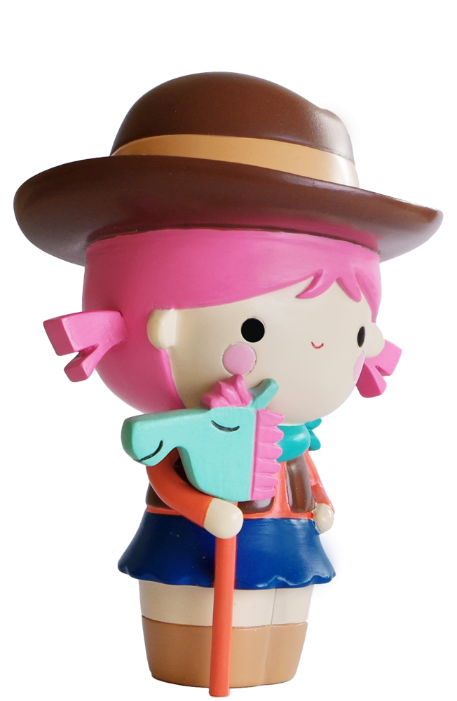 Yeehaa Momiji doll with pink hair, brown hat, blue skirt, and turquoise bird. Includes a secret message compartment. — Momiji doll