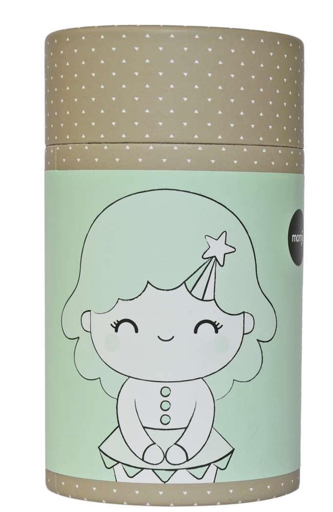 Birthday Girl Mint Momiji doll wearing a party hat, with light green and beige patterns on a cylindrical vinyl figure. — Momiji doll