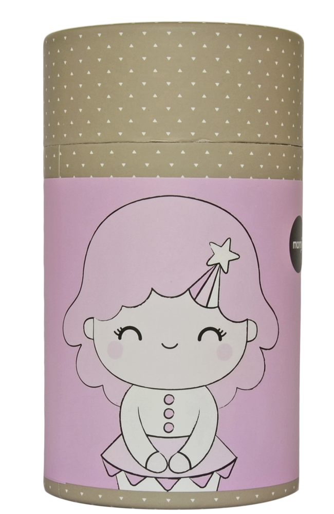 Cylindrical box with "Birthday Girl Lavender" Momiji doll in a party hat, kawaii collectible with hidden message inside. — Momiji doll