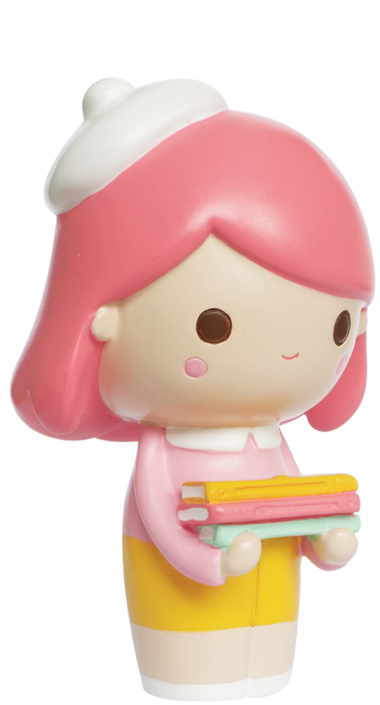Curiosity HN Momiji doll with pink hair, white beret, yellow skirt, holding books; collectible with a slight smile. — Momiji doll