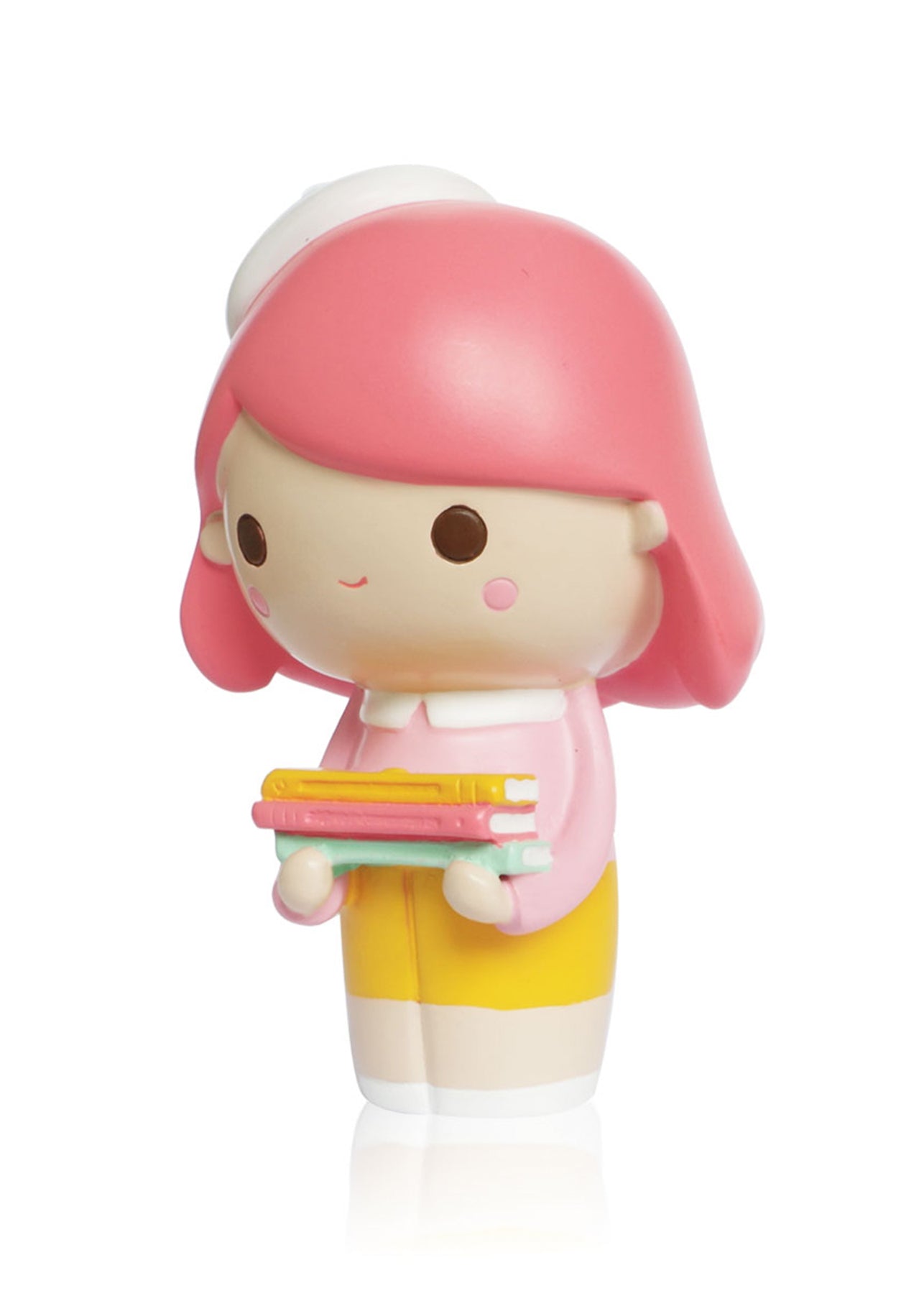 Curiosity Momiji doll with pink hair, holding books, pink top and yellow skirt; a kawaii collectible hiding a secret message. — Momiji doll