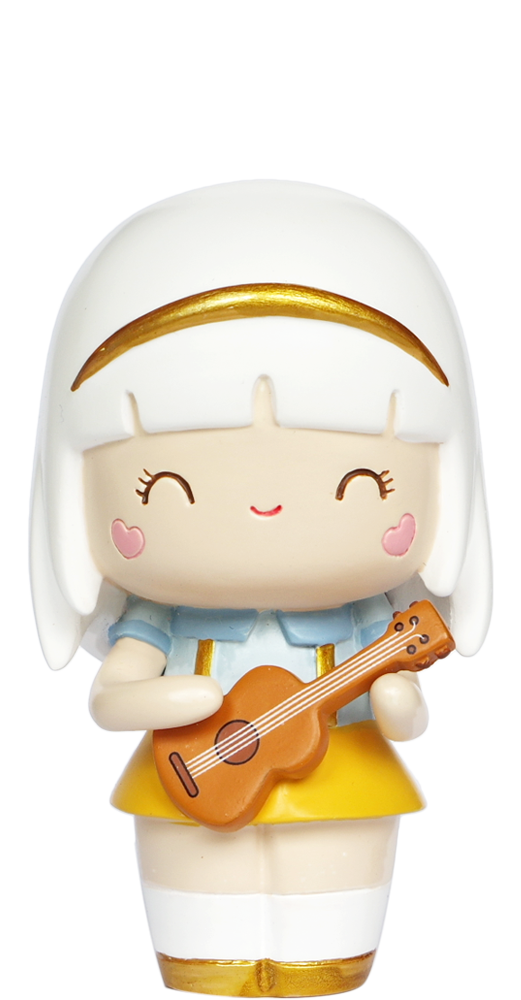 Harmony Momiji doll with white hair, gold headband, yellow skirt, smiling and holding a small brown guitar. — Momiji doll