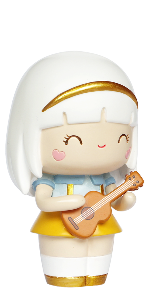Harmony Momiji doll with white hair, yellow skirt, blue shirt, smiling and holding a brown guitar—adorable collectible. — Momiji doll