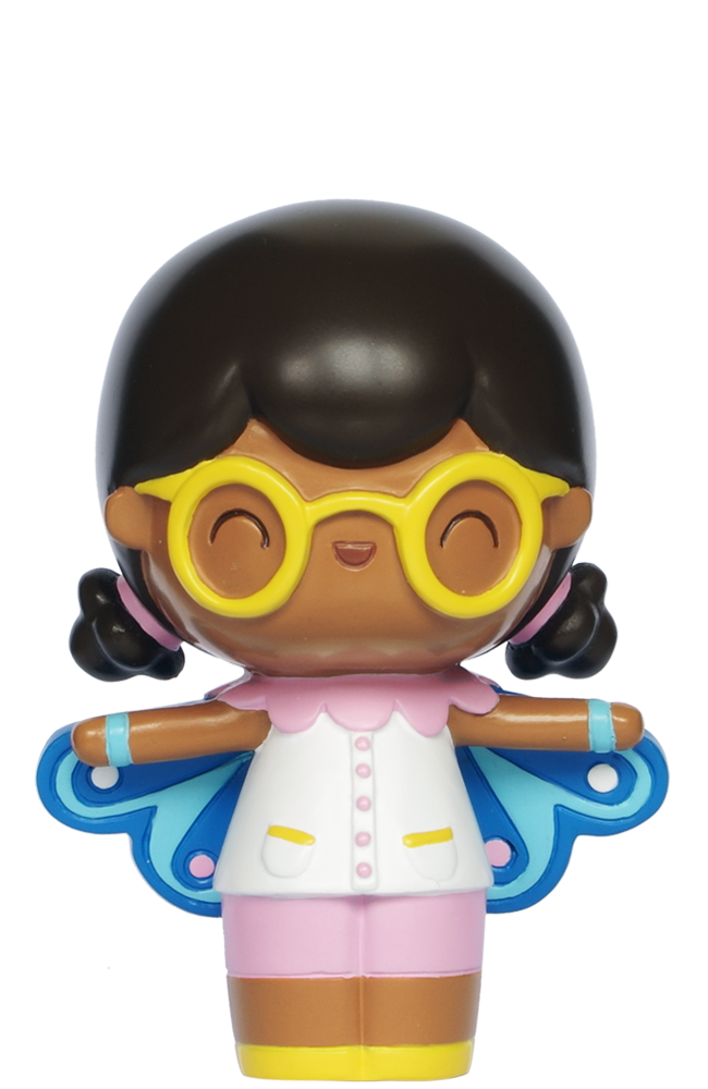 Butterfly HN Momiji doll with yellow glasses, pink shorts, blue wings, and outstretched arms. — Momiji doll