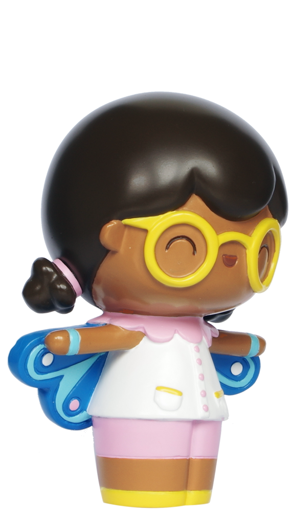 Butterfly HN Momiji doll with dark hair, yellow glasses, butterfly wings, white shirt and pink shorts, smiling. — Momiji doll