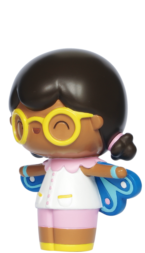 Momiji doll Butterfly: kawaii girl with yellow glasses, butterfly wings, pink and white outfit, smiling with arms outstretched. — Momiji doll