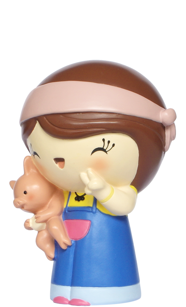 Janis J Momiji doll: Cartoon girl in blue dress, pink headband, holding a doll and making a peace sign. Kawaii collectible. — Momiji doll