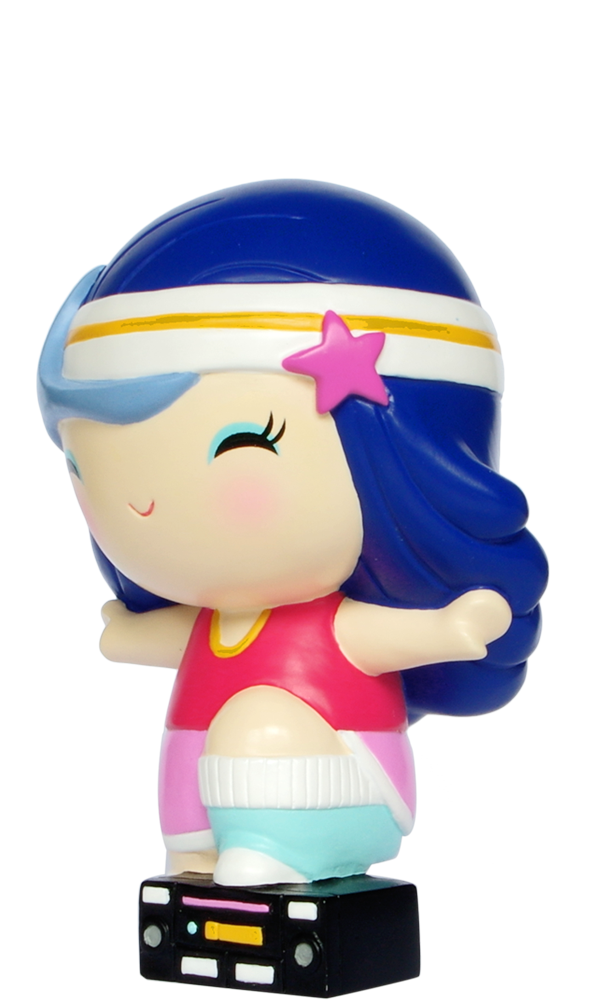 Tina C Momiji doll with blue hair, pink star clip, sporty outfit, standing on a black rectangular platform. — Momiji doll