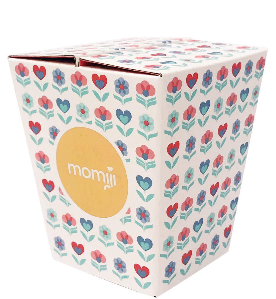 A Momiji doll box with colorful heart and flower patterns, featuring a yellow circle on the front labeled Tina C. — Momiji doll