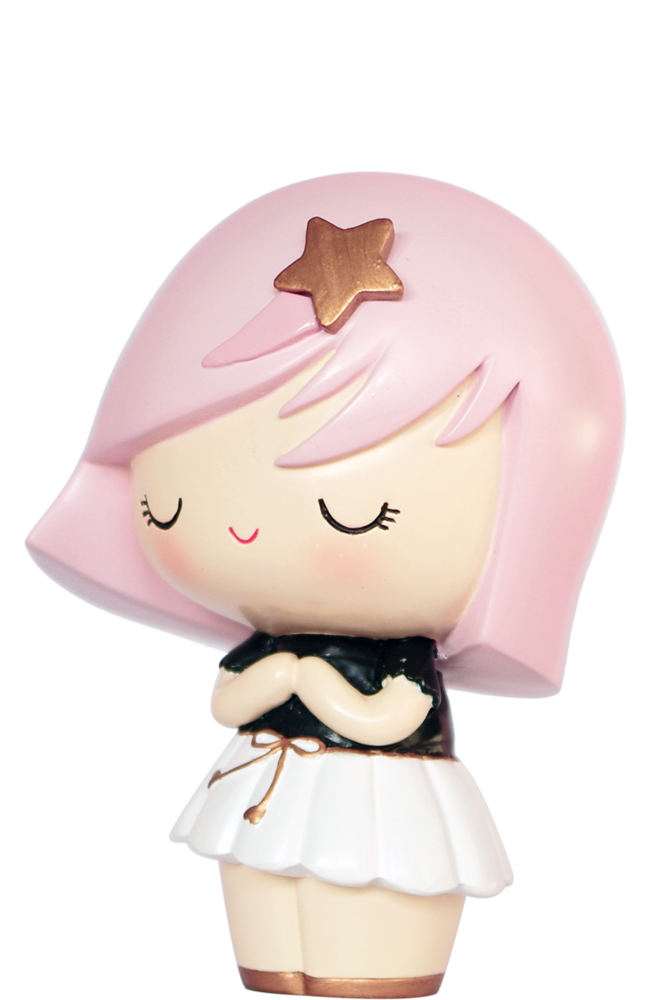 Wish Upon a Star Momiji doll with pink hair, gold star hairclip, eyes closed, white skirt and black top; kawaii collectible figure. — Momiji doll