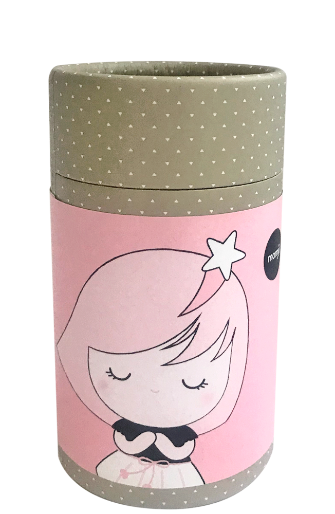 Wish Upon a Star Momiji doll in a cylinder with pink label, featuring a cute cartoon girl and signature secret message inside. — Momiji doll