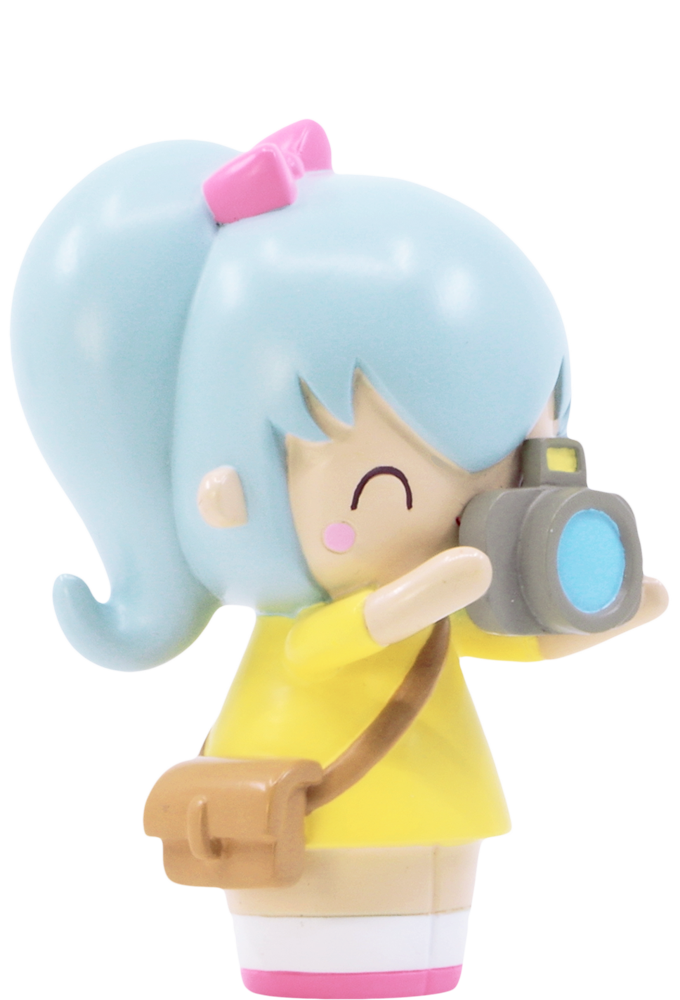 Pixie Pixel HN Momiji doll with blue hair, pink bow, yellow dress, brown bag, taking a photo; cute collectible character. — Momiji doll