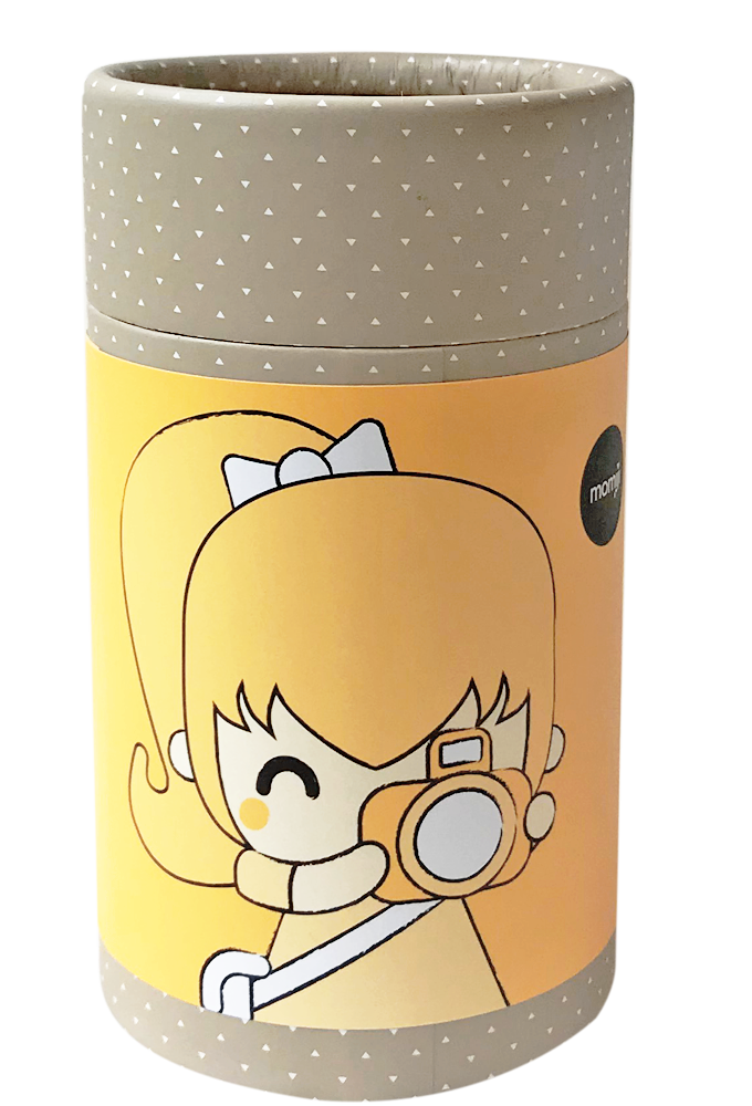 Gray Pixie Pixel HN Momiji doll container featuring a kawaii girl with a camera on a yellow triangle-patterned background. — Momiji doll