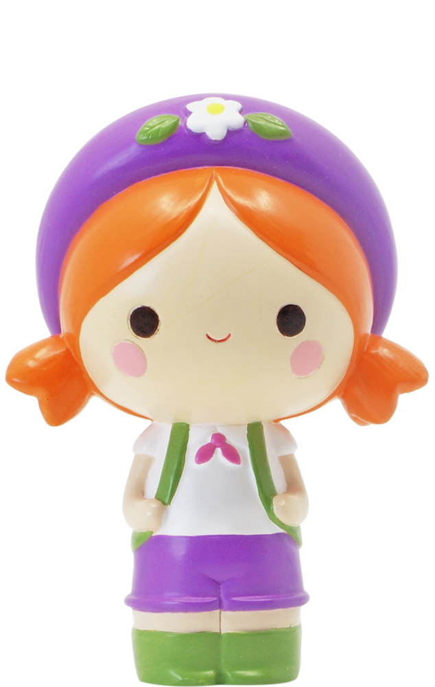 Adventure HN Momiji doll with orange pigtails, purple hat, and backpack; a kawaii collectible that hides a secret message. — Momiji doll