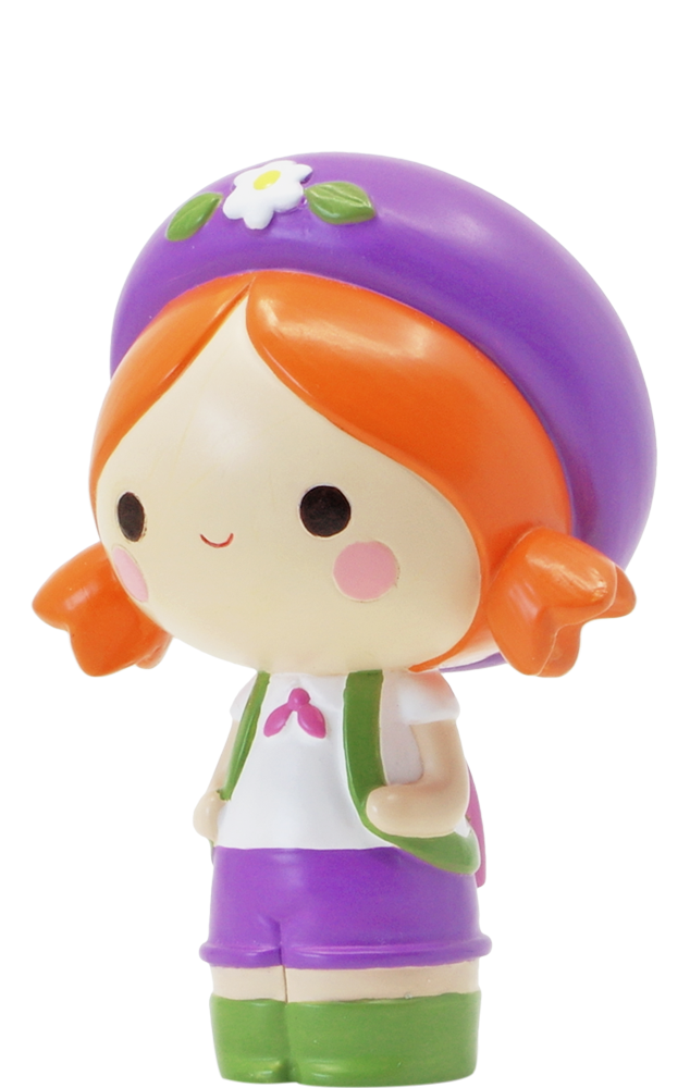 Adventure HN Momiji doll with orange hair, purple hat, shorts, white shirt, and green backpack; kawaii collectible character. — Momiji doll