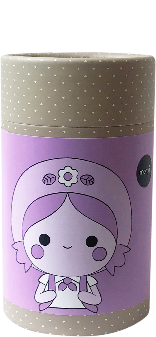 Adventure HN Momiji doll: kawaii cylindrical container, taupe heart lid, cartoon girl illustration, hides a secret message inside. — Momiji doll