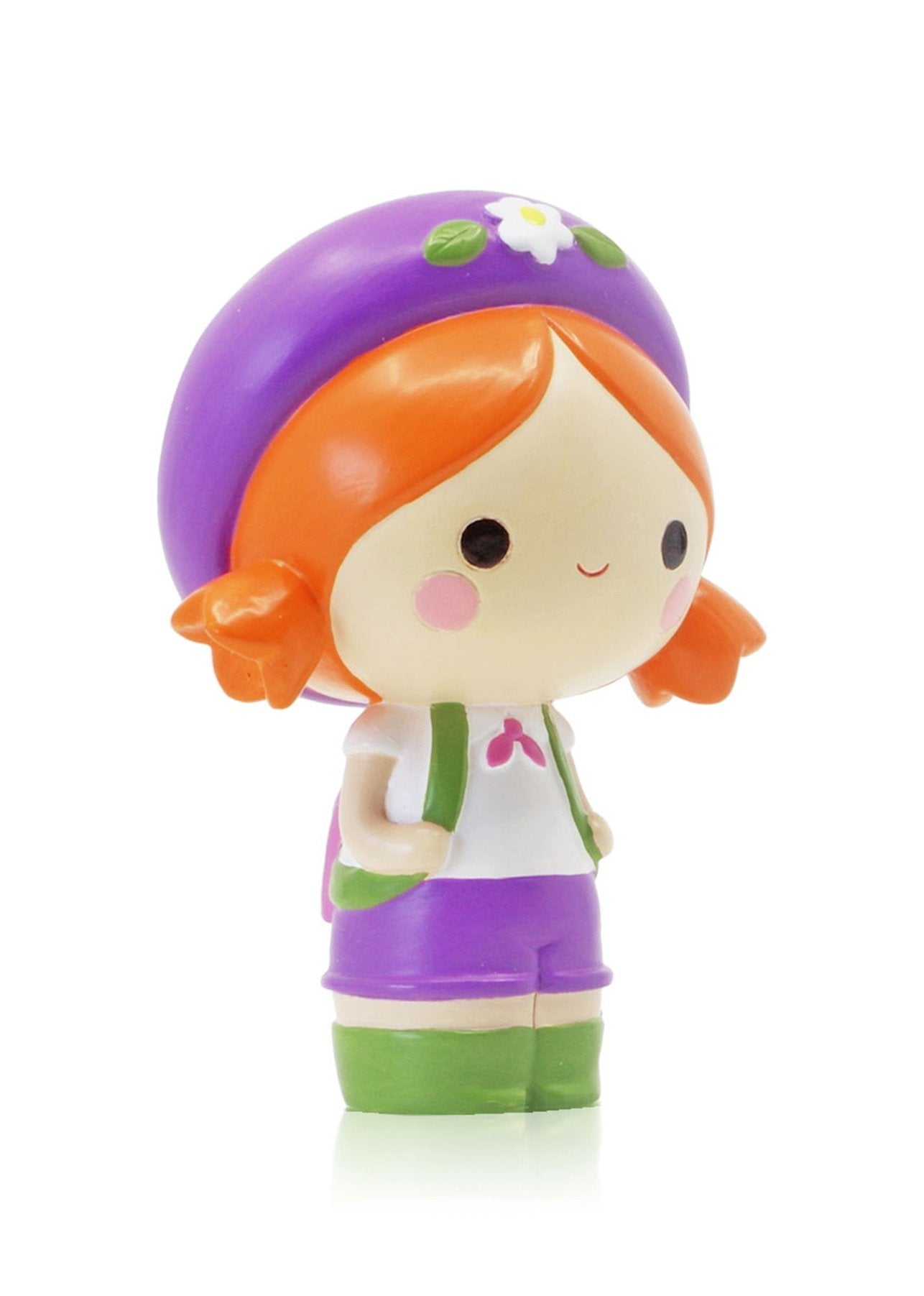 Momiji doll: orange hair, purple beret, purple shorts, green shoes, adventure bag; smiling character standing. — Momiji doll