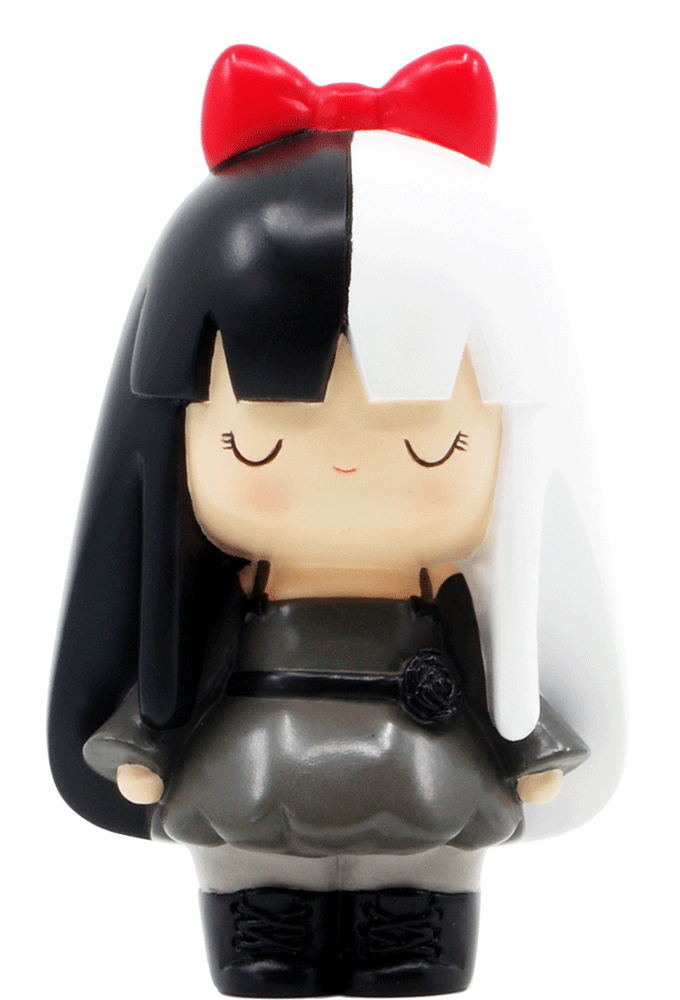 Storm Momiji doll with half black, half white hair, red bow, closed eyes, gray dress, and black boots. — Momiji doll