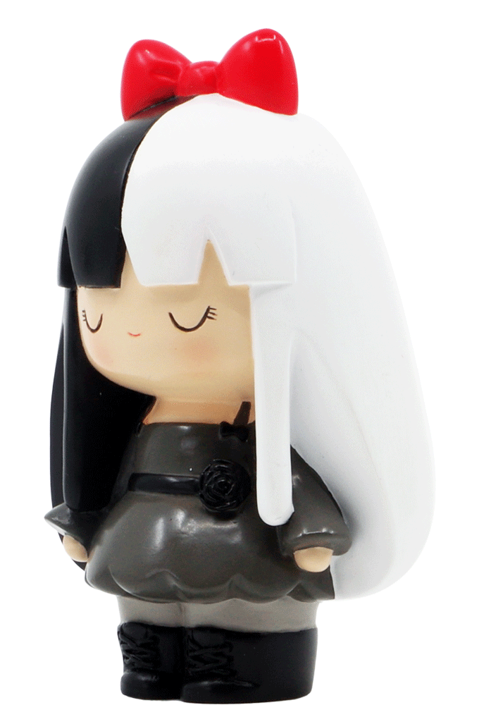 Storm Momiji doll with half-black, half-white hair, red bow, gray dress, black boots; collectible with hidden message. — Momiji doll