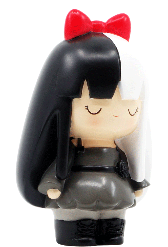 Storm Momiji doll with half black, half white hair, red bow, gray dress, black boots, and a sweet smile. — Momiji doll