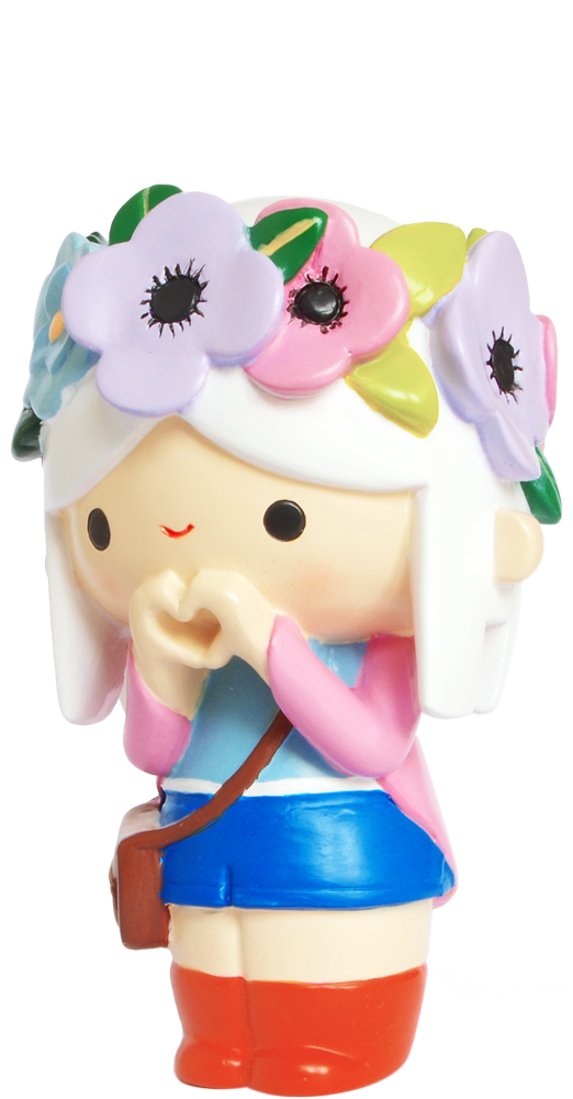 Blossom 2019 Momiji doll with white hair, flower crown, pink top, blue skirt, red boots, and a brown bag. — Momiji doll