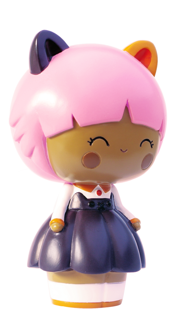 Calico HN Momiji doll with pink hair, cat ears, white shirt, and dark skirt. Kawaii collectible with hidden message inside. — Momiji doll
