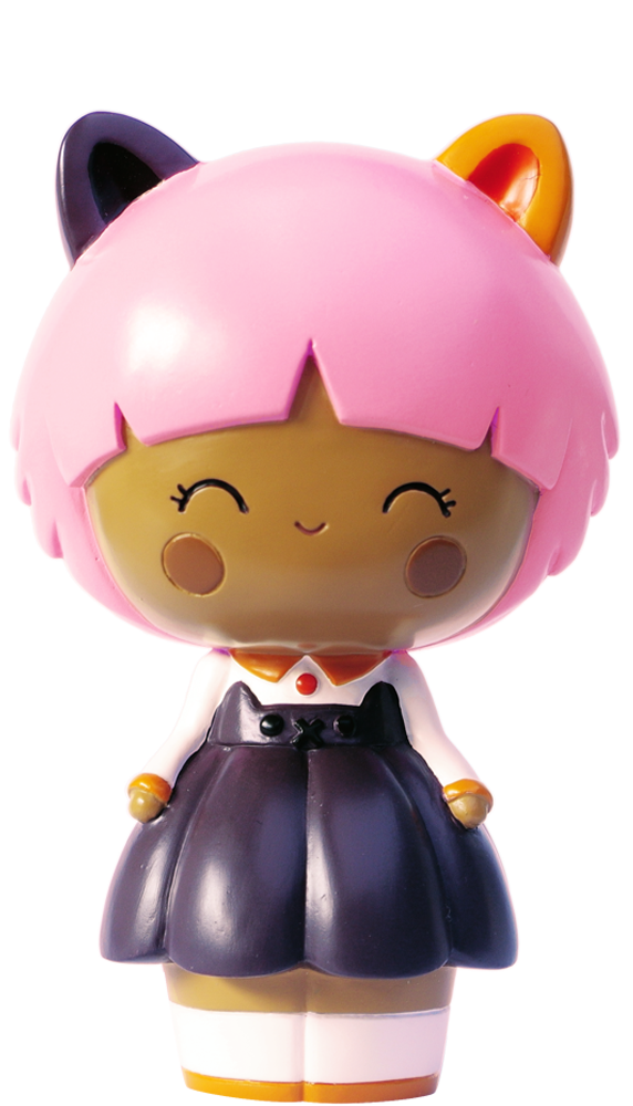 Momiji doll "Calico" with pink hair, cat ears, dark dress, and a cheerful face, standing on a plain white background. — Momiji doll