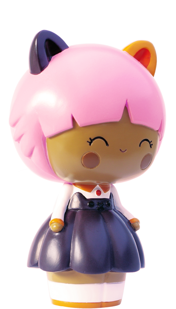 Calico Momiji doll with pink hair, cat ears, and a navy dress. Kawaii collectible character with hidden message inside. — Momiji doll