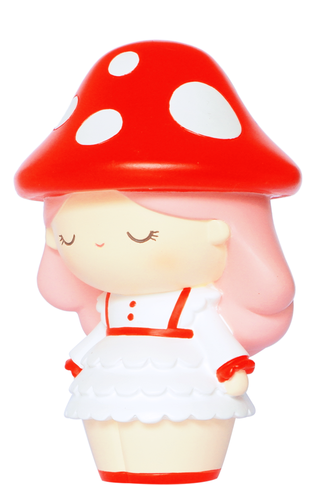 Daydream HN Momiji doll with pink hair, red mushroom hat with white spots, and a white and red dress. — Momiji doll