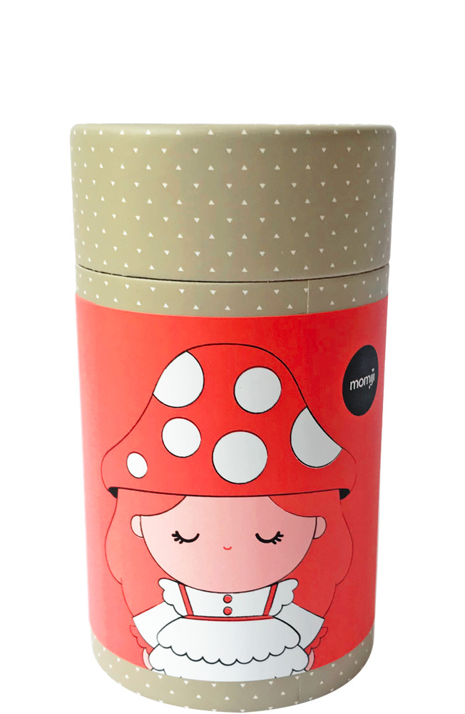 Daydream HN Momiji doll with red mushroom hat with white spots, hidden message, and matching cylindrical box. — Momiji doll