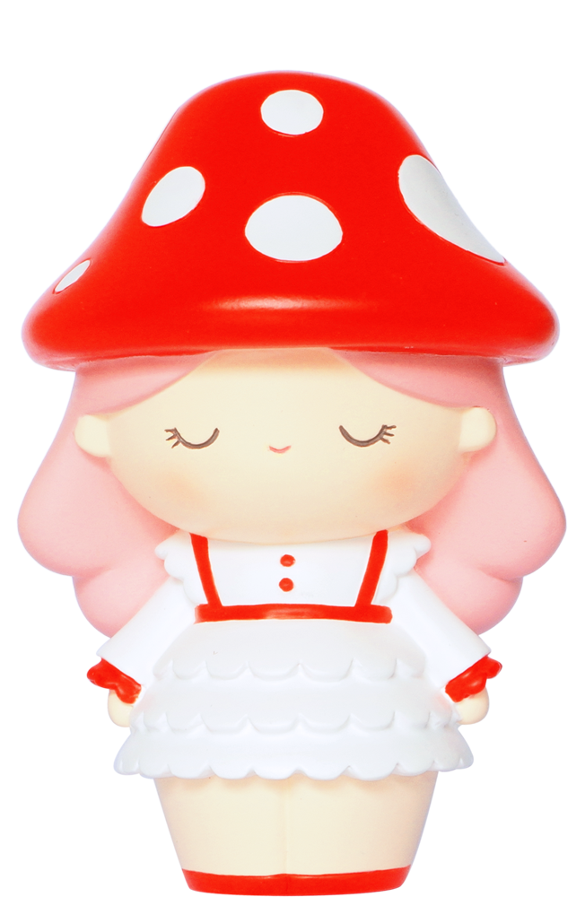 Daydream Momiji doll with pastel pink hair, closed eyes, red mushroom cap hat, and white dress—cute collectible with hidden message. — Momiji doll