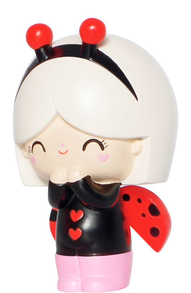Lucky Momiji doll with white hair, ladybug wings, red antennae, black outfit with red hearts, and a sweet smile. — Momiji doll