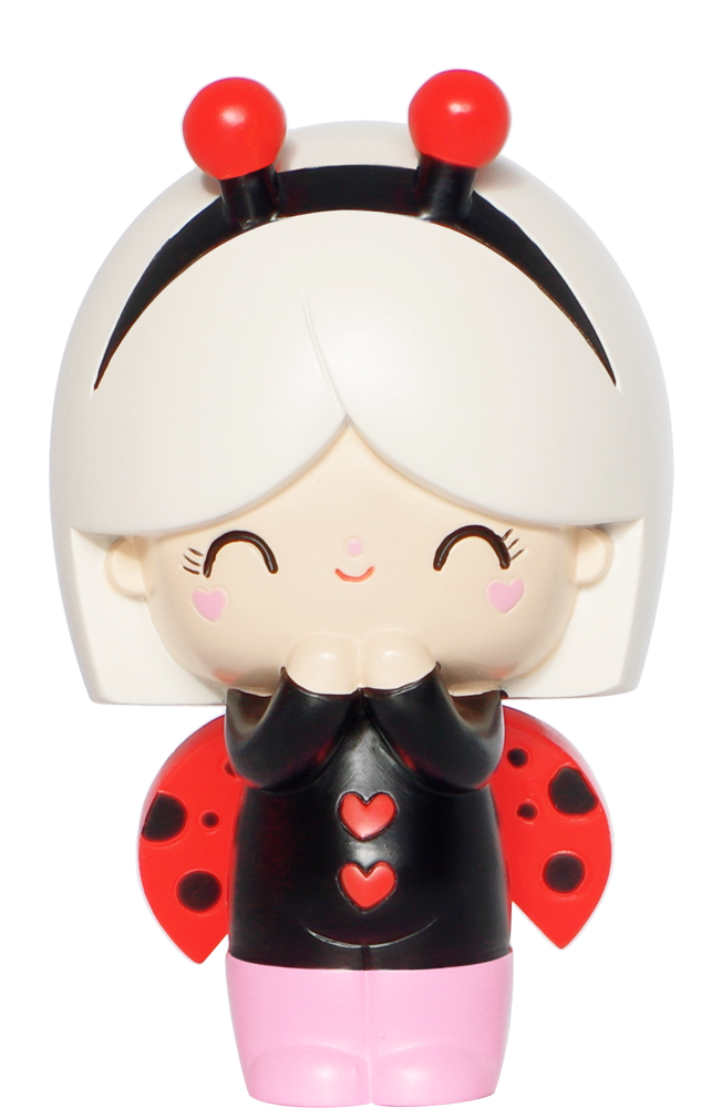 Lucky Momiji doll with red ladybug wings, heart patterns, red antennae, and pink pants. Kawaii collectible with hidden message. — Momiji doll