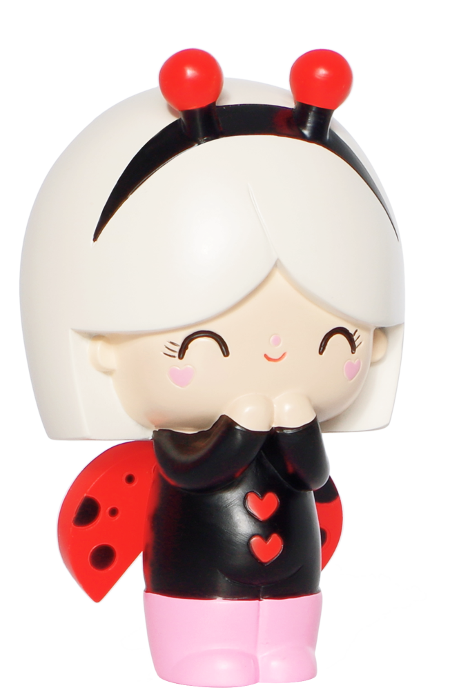 Lucky Momiji doll with white hair, red wings, pink boots, and a ladybug outfit, smiling sweetly. — Momiji doll