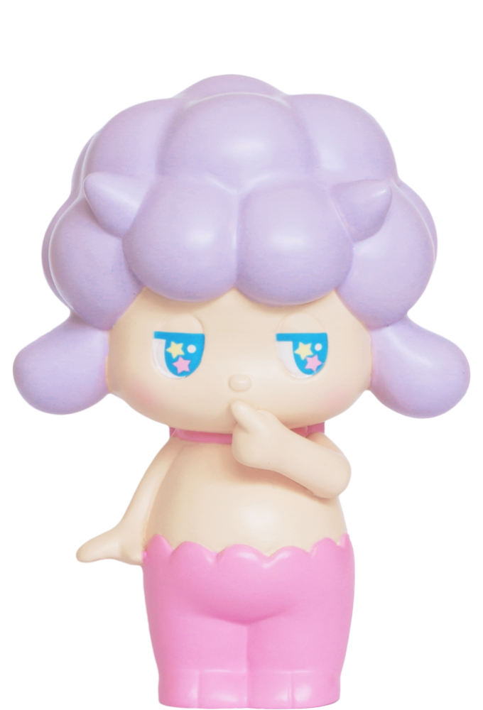 Satyr Rory Momiji doll with purple hair, blue starry eyes, pink pants; kawaii collectible with hidden secret message inside. — Momiji doll