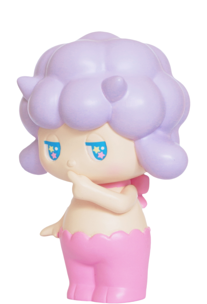 Satyr Rory Momiji doll: pastel resin, purple hair, blue starry eyes, pink pants, finger to mouth; secret message inside. — Momiji doll