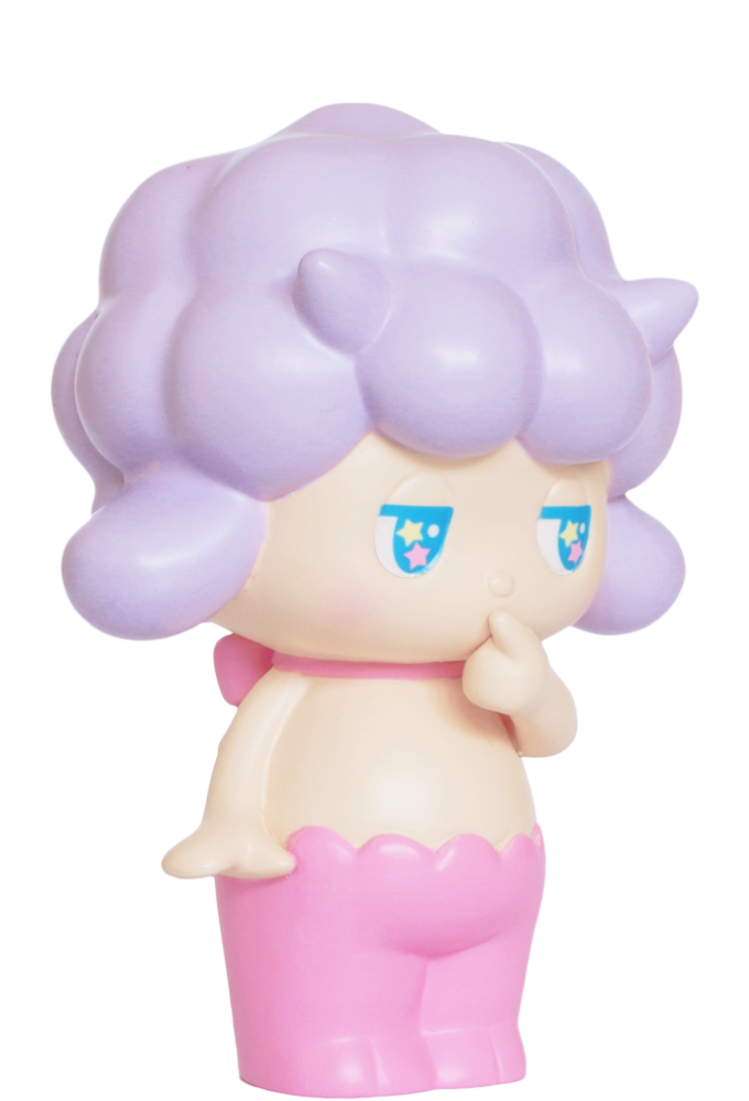Satyr Rory Momiji doll with purple hair, blue starry eyes, pink pants, and a finger to its mouth. — Momiji doll