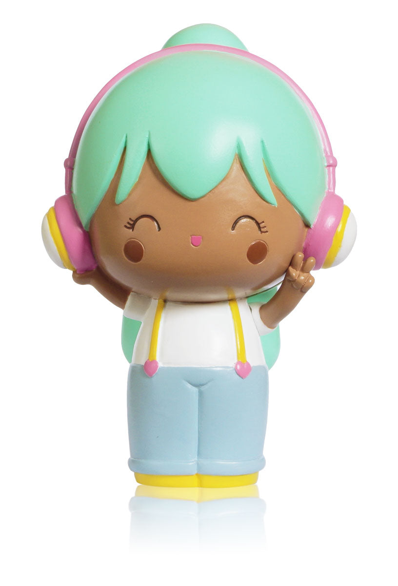 Melody Momiji doll with mint green hair, pink headphones, blue pants, and peace sign—kawaii collectible with hidden message. — Momiji doll