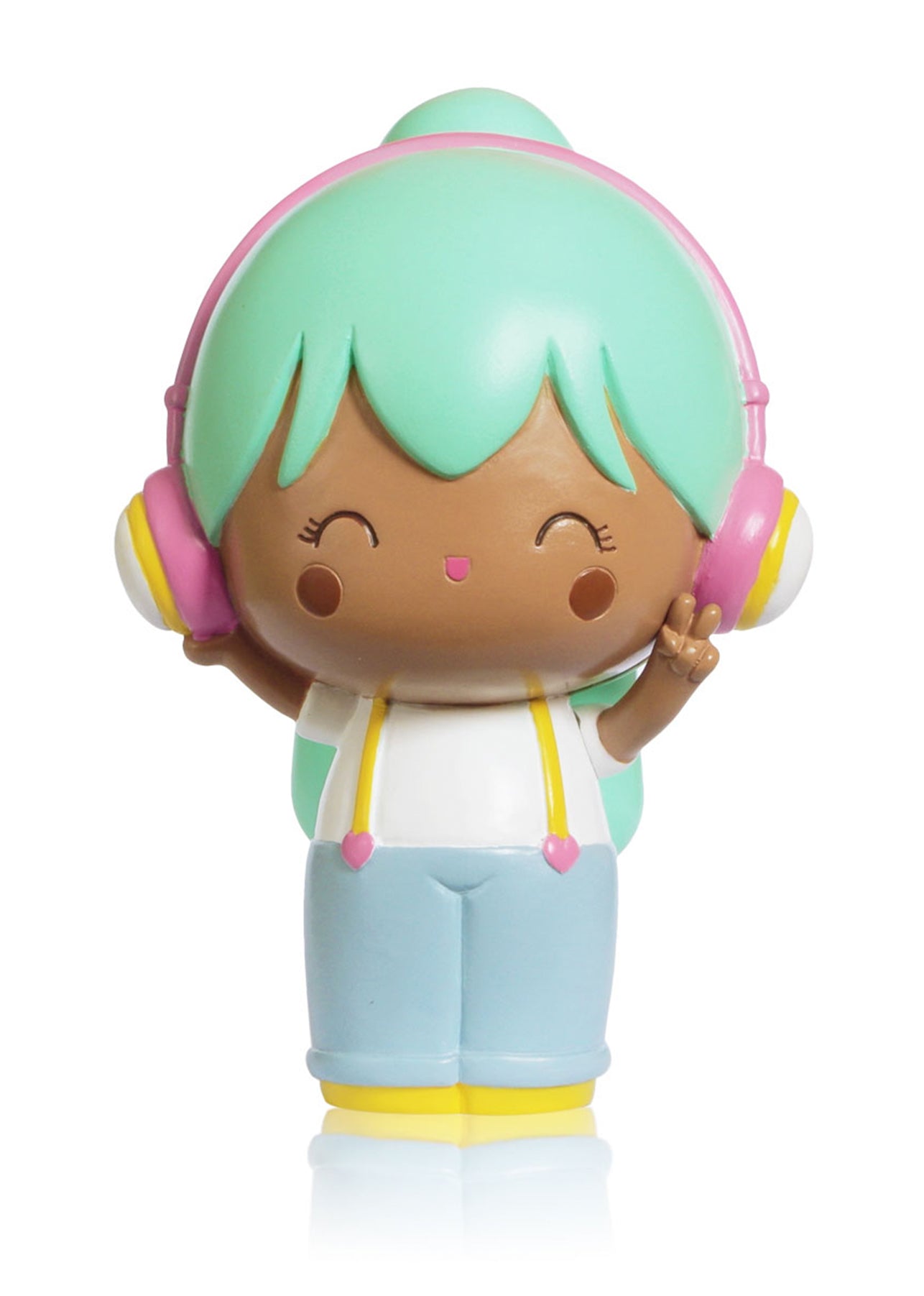 Melody Momiji doll with mint green hair, pink headphones, blue pants, white shirt, and making a peace sign. — Momiji doll