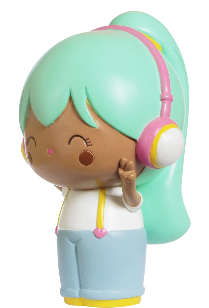 Melody Momiji doll with mint green hair, headphones, blue pants, and a peace sign gesture; kawaii collectible vinyl doll. — Momiji doll