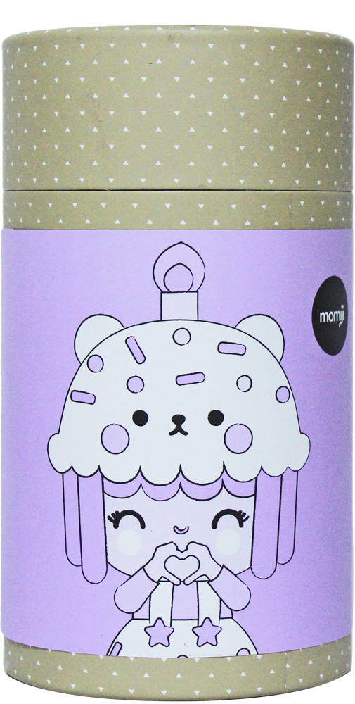 Momiji doll "Birthday Girl" box with kawaii girl in bear hat on dotted beige and purple background. Secret message inside. — Momiji doll