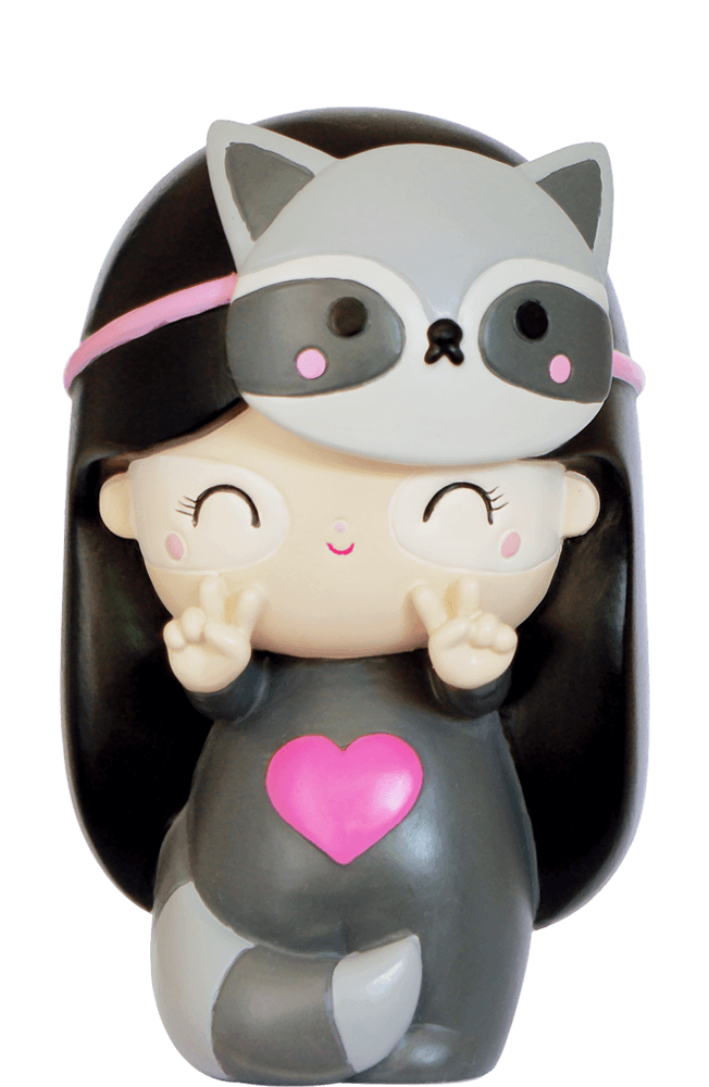 Rebel HN Momiji doll with long dark hair, raccoon onesie, pink heart detail, and double peace sign—hides secret message. — Momiji doll