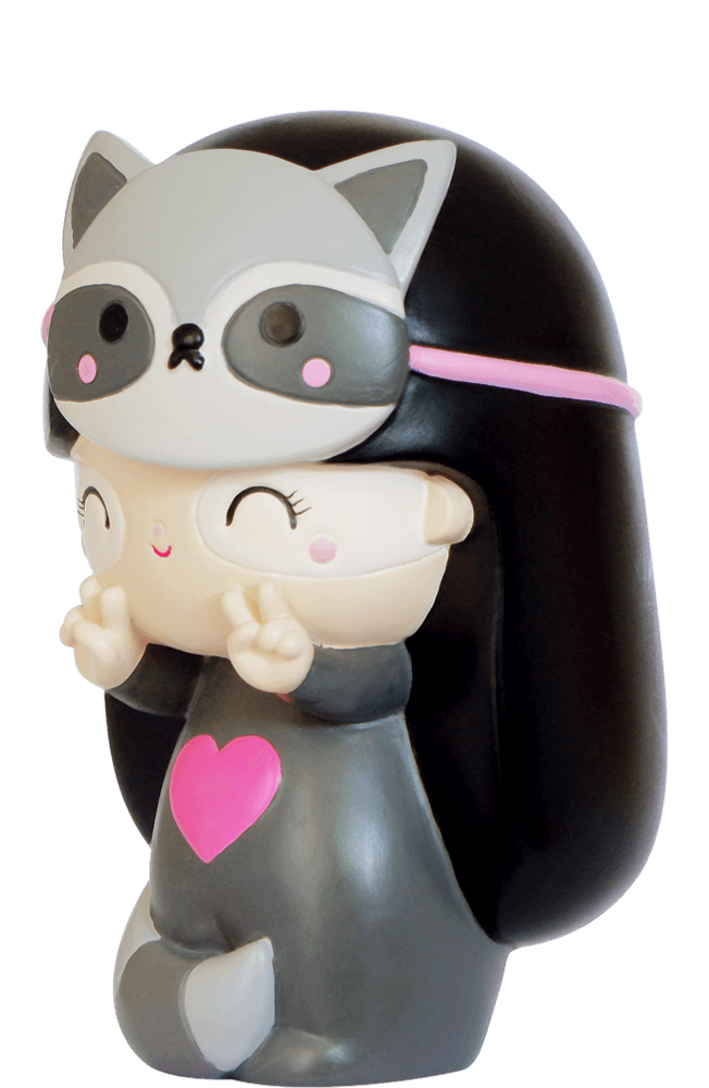 Rebel HN Momiji doll with long black hair, raccoon mask, grey outfit and pink heart. Collectible kawaii character. — Momiji doll