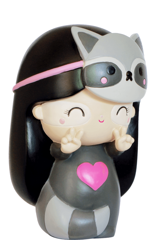 Rebel HN Momiji doll with long black hair, gray raccoon mask and outfit, smiling and flashing double peace signs. — Momiji doll